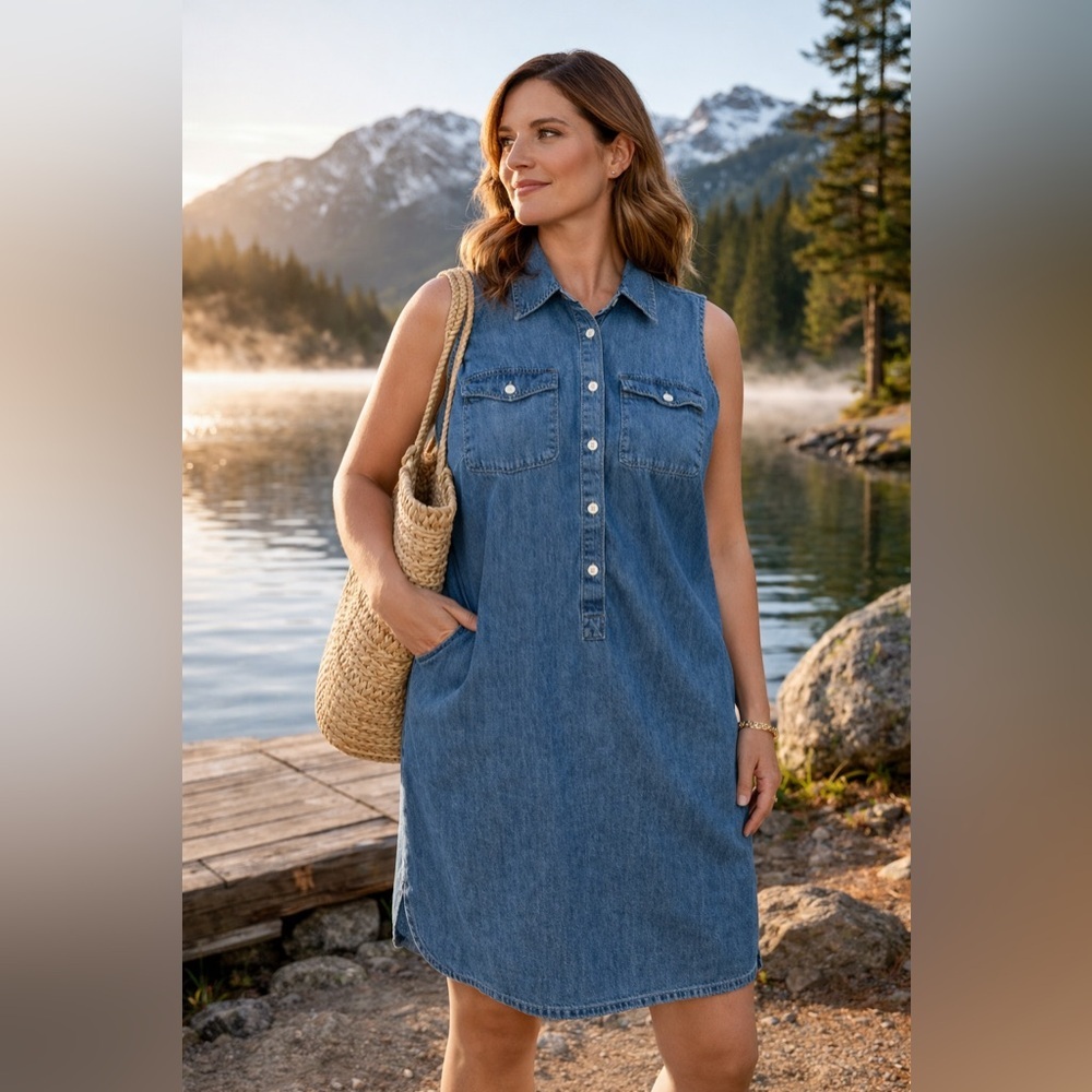 Talbots 100%cotton Denim Shirt Dress Sleeveless coastal seaside Blue Size 18WP